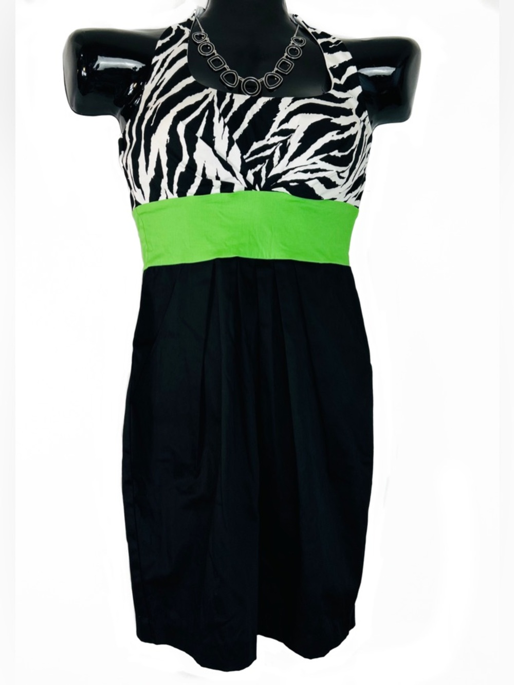 *NWOT Zebra Print Empire Waist Dress with Colorful Lime Band - Picture 4 of 12